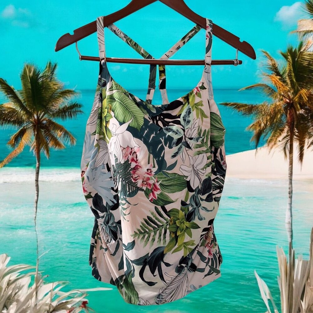 Jantzen‎ Womens Nature Glow Tankini Top Tropical Print Sz 18 UPF Sun Protect